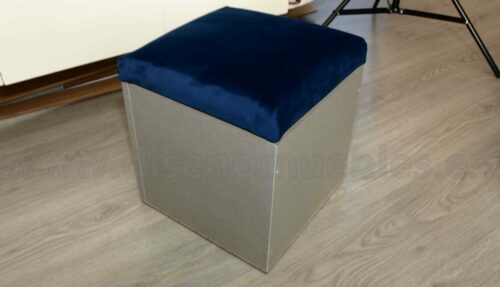 Nuevo Puff de diseño con tablero gris y asiento de terciopelo azul, con espacio de almacenamiento