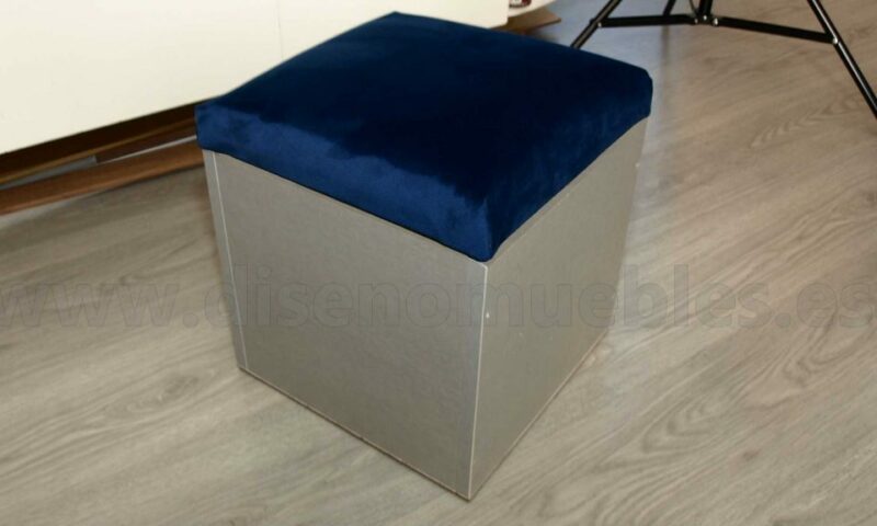 Nuevo Puff de diseño con tablero gris y asiento de terciopelo azul, con espacio de almacenamiento